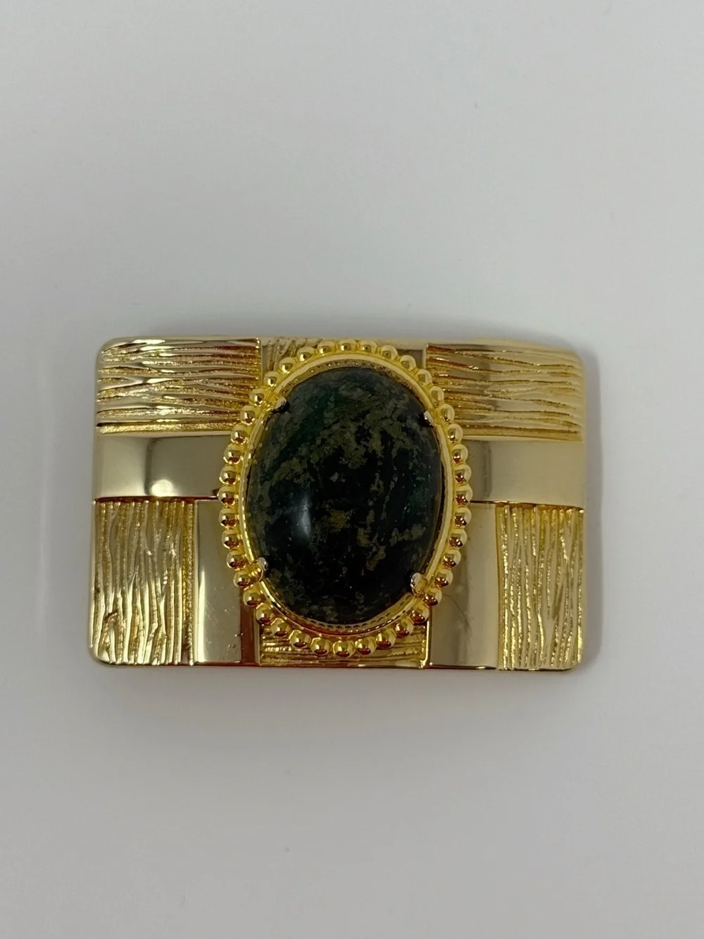 Vintage Gold Tone Belt Buckle Statement Green Stone Cabochon Rectangle Textured